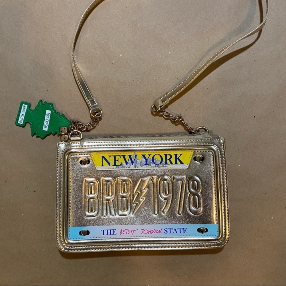 Betsey Johnson Gold License Plate Crossbody with Blue and Yellow Accents
